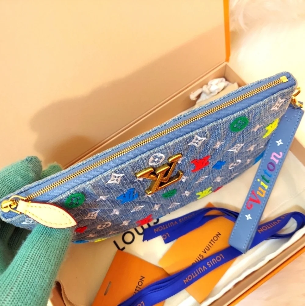 Louis Vuitton New Wave Denim Monogram Wristlet Pouch Multicolor